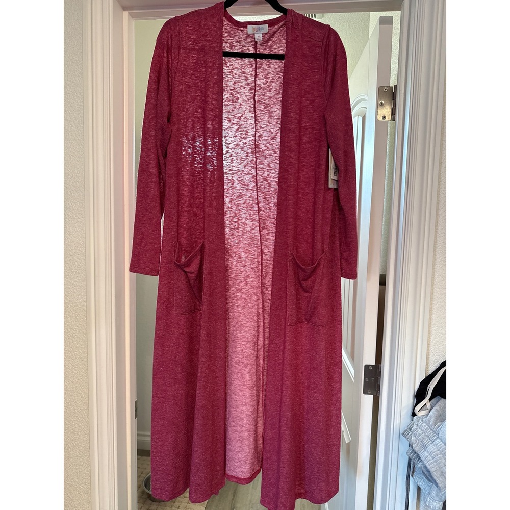 LuLaRoe Sarah Cardigan Womens Medium Berry Pink Slub Knit Longline Duster Pocket